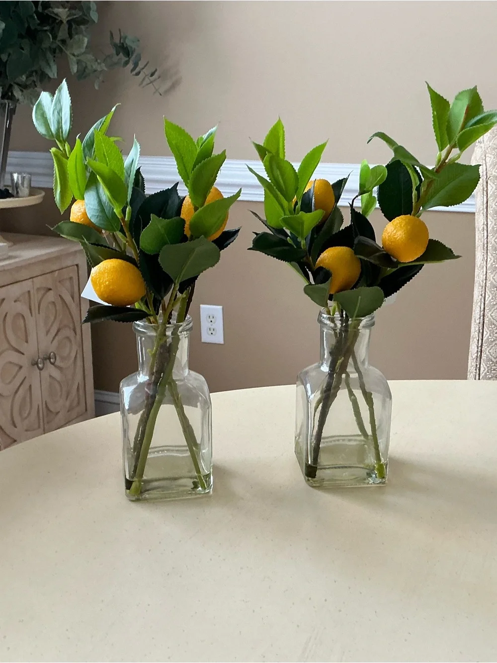 Two Artificial Lemon Tree Branches in Glass Vases Decor 🍋